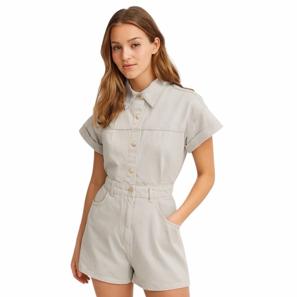 Zara Women’s Size s Light Blue Jean  Metallic Shimmer Button Front Romper - Picture 1 of 14